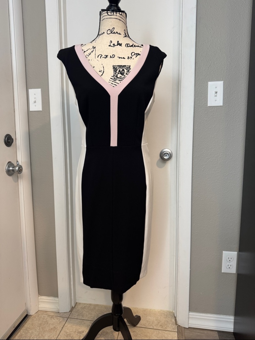 White House Black Market Black Midi Dress with Pink Trim and White Side Panels